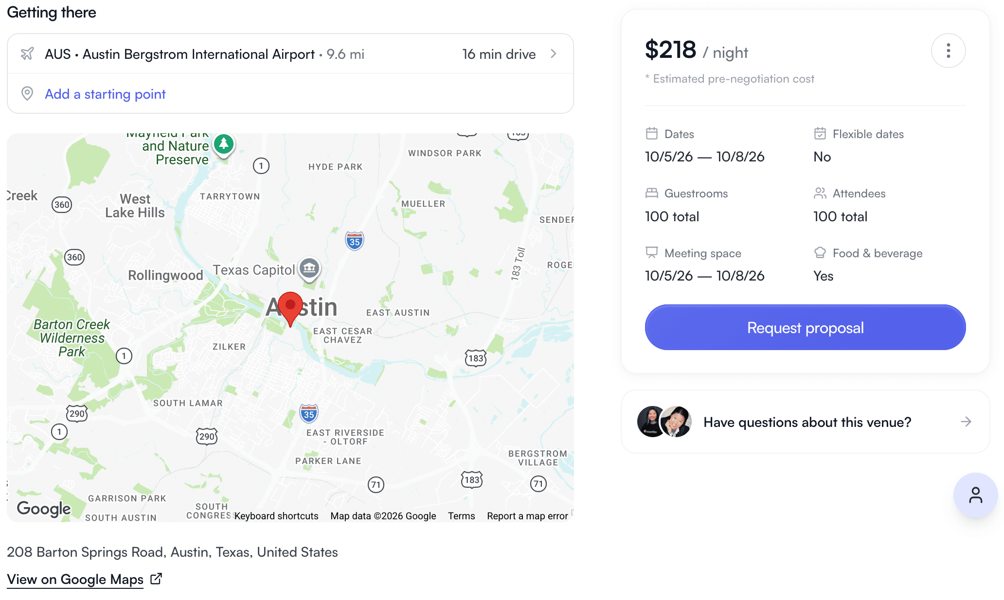 A Nowadays venue page showing nearby airports, an Austin map, nightly rate and proposal request.