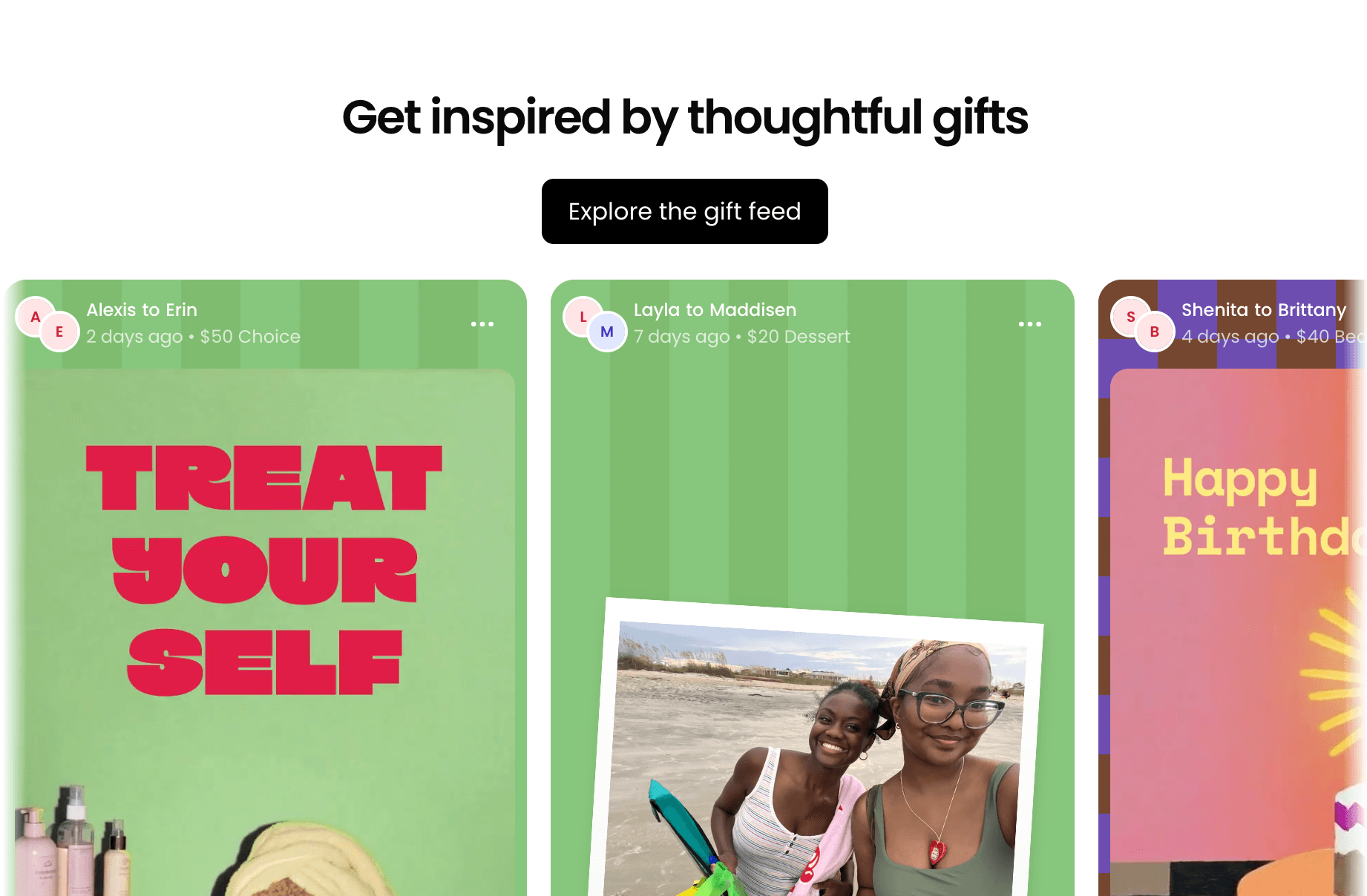 The On Me gift feed, showing thoughtful gift cards and stories.