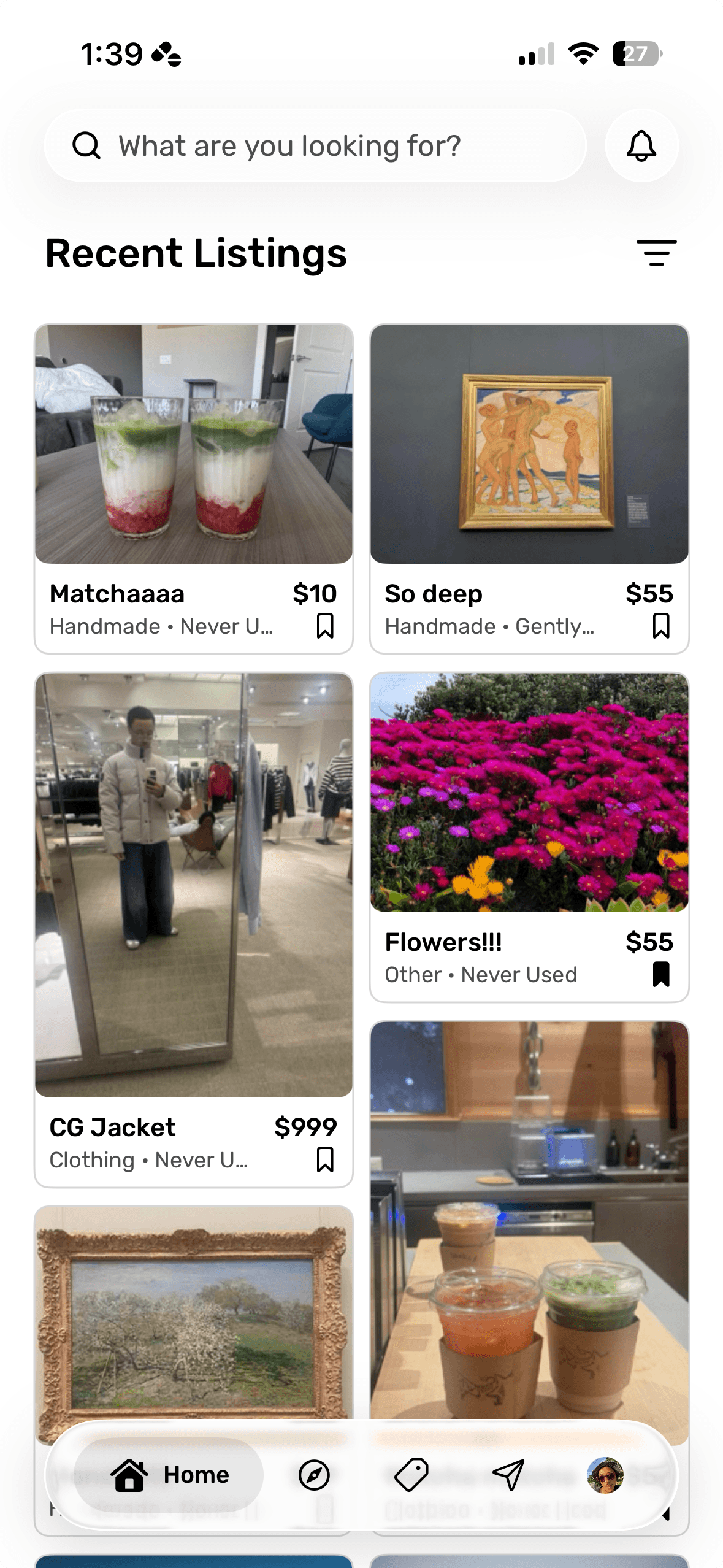 Three Resell app screens: recent listings, shop by category, and availability settings.